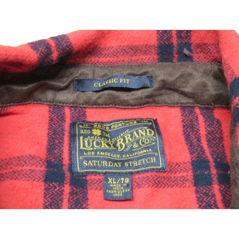 Lucky Brand Flannel Shirt Plaid‎ XL Cotton Red Black Cabincore Saturday Stretch - Picture 5 of 6